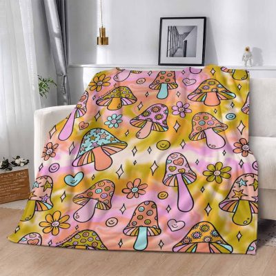 Trippy Mushroom Flannel Blanket. Psychedelic Smiley Face Flower Print. Suitable for Bed. Sofa. Camping. Cold Cinema or Travel! A Perfect Gift for Your Family and Friends. Ultra Soft. Lightweight. Warm Decorative Throw Blanket for Bedroom. Living Room.