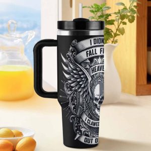 Skull Wings Hell Quote 40oz Insulated Flask. I Didn't Fall From Heaven Ornate Pattern. Vacuum Insulated Stainless Steel. Double Wall Thermal Mug with Handle. Fits Most Car Cup Holders. Perfect for Office Desktop. Ideal for Outdoor Camping Road Trip. Wonderful Holiday Gift for Family & Friends.
