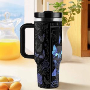 Gothic Skull Butterfly Rose 40oz Insulated Flask. And In The End Blue Purple Dark Art Pattern. Vacuum Insulated Stainless Steel. Double Wall Thermal Mug with Handle. Fits Most Car Cup Holders. Perfect for Office Desktop. Ideal for Outdoor Camping Road Trip. Wonderful Holiday Gift for Family & Friends.