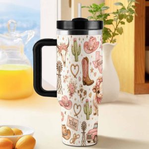Cute Texas Highland Cow 40oz Insulated Flask. Western Cactus Boots Pink Truck Pattern. Vacuum Insulated Stainless Steel. Double Wall Thermal Mug with Handle. Fits Most Car Cup Holders. Perfect for Office Desktop. Ideal for Outdoor Camping Road Trip. Wonderful Holiday Gift for Family & Friends.
