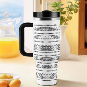 Minimalist Black Geometric Lines 40oz Insulated Flask. Modern Tribal Border Stripe Pattern. Vacuum Insulated Stainless Steel. Double Wall Thermal Mug with Handle. Fits Most Car Cup Holders. Perfect for Office Desktop. Ideal for Outdoor Camping Road Trip. Wonderful Holiday Gift for Family & Friends.