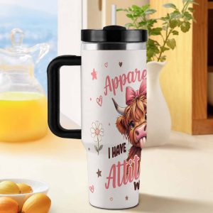 Funny Highland Cow Attitude 40oz Insulated Flask. Cute Pink Bow Daisy Hearts Quote Pattern. Vacuum Insulated Stainless Steel. Double Wall Thermal Mug with Handle. Fits Most Car Cup Holders. Perfect for Office Desktop. Ideal for Outdoor Camping Road Trip. Wonderful Holiday Gift for Family & Friends.