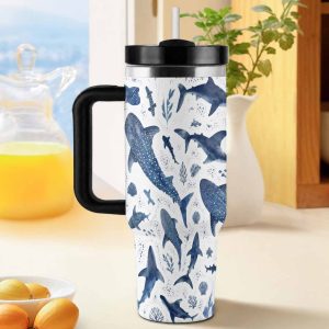 Watercolor Ocean Shark 40oz Insulated Flask. Blue Whale Shark Coral Sea Life Pattern. Vacuum Insulated Stainless Steel. Double Wall Thermal Mug with Handle. Fits Most Car Cup Holders. Perfect for Office Desktop. Ideal for Outdoor Camping Road Trip. Wonderful Holiday Gift for Family & Friends.